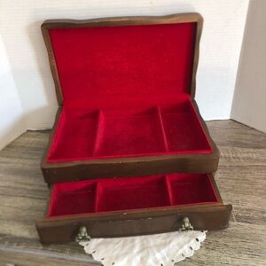 Vtg Jasco Wood Jewelry Box with Red Velvet Lining